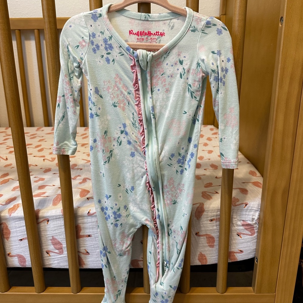 Ruffle Butts Mint Meadow Floral Footie Pajamas